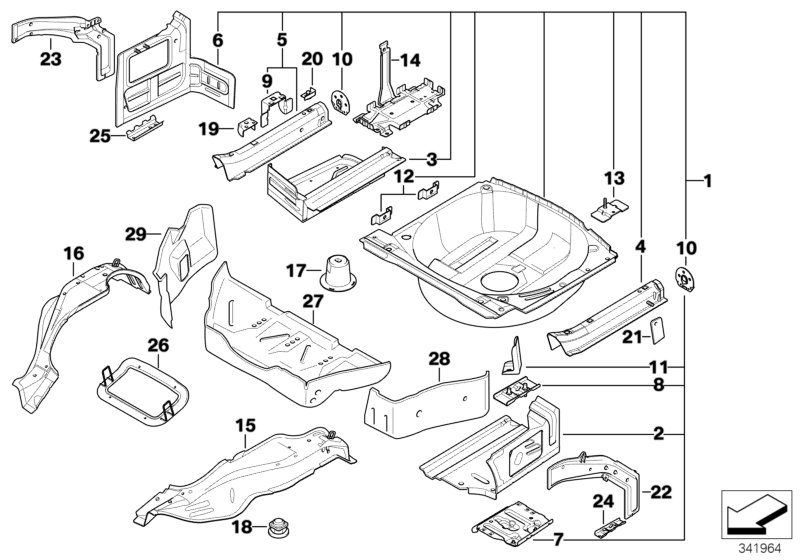 Дополнит.элементы пола багажника для BMW E46 318Ci N46 (схема запчастей)