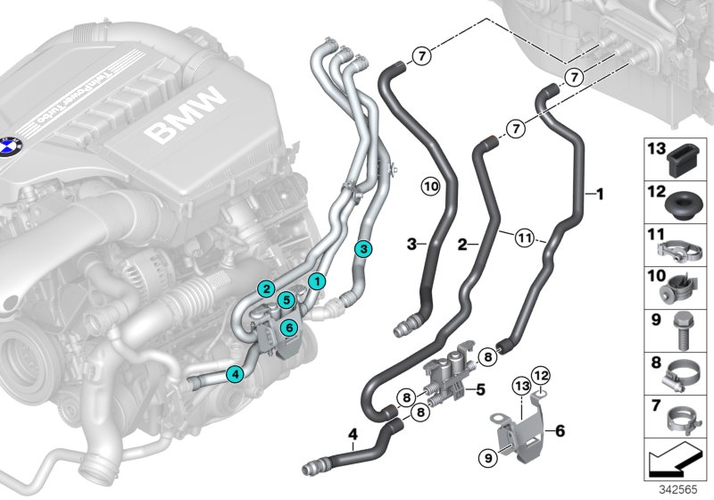 Шланги охлаждающей жидкости для BMW F16 X6 28iX N20 (схема запчастей)