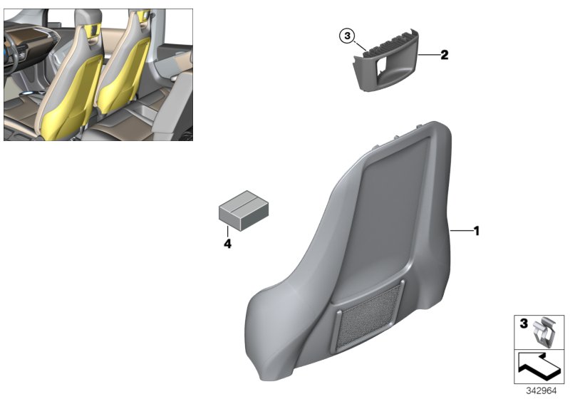 Накладки спинки переднего сиденья для BMW I01N i3 94Ah IB1 (схема запчастей)