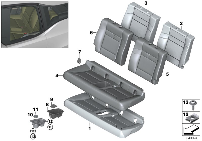 Набивка и обивка базового сиденья Зд для BMW I01N i3 94Ah IB1 (схема запчастей)