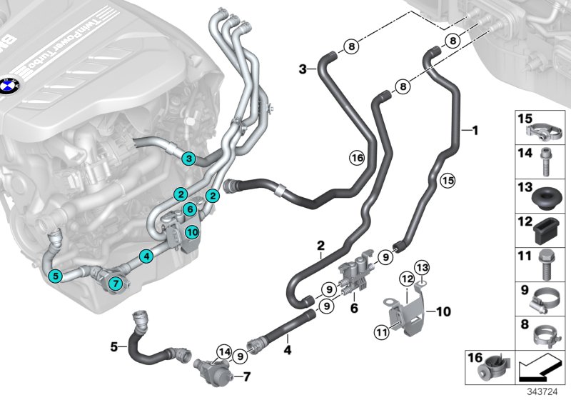 Шланги охлаждающей жидкости для BMW F15 X5 25d N47S1 (схема запчастей)