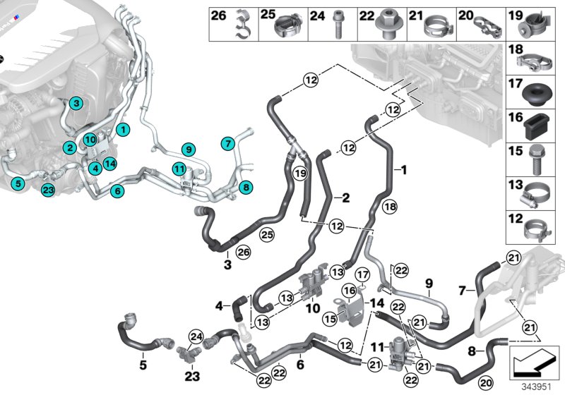 Шланги ОЖ автономной системы отопления для BMW F15 X5 M50dX N57X (схема запчастей)