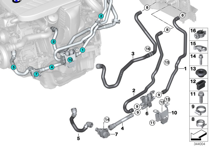 Шланги охлаждающей жидкости для BMW F15 X5 40dX N57Z (схема запчастей)