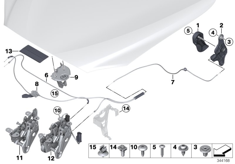 Система замков капота для BMW F13 M6 S63N (схема запчастей)
