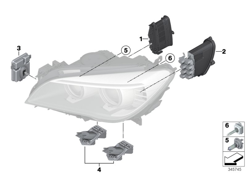 Детали ксеноновой фары / ALC для BMW F02N 740Li N55 (схема запчастей)