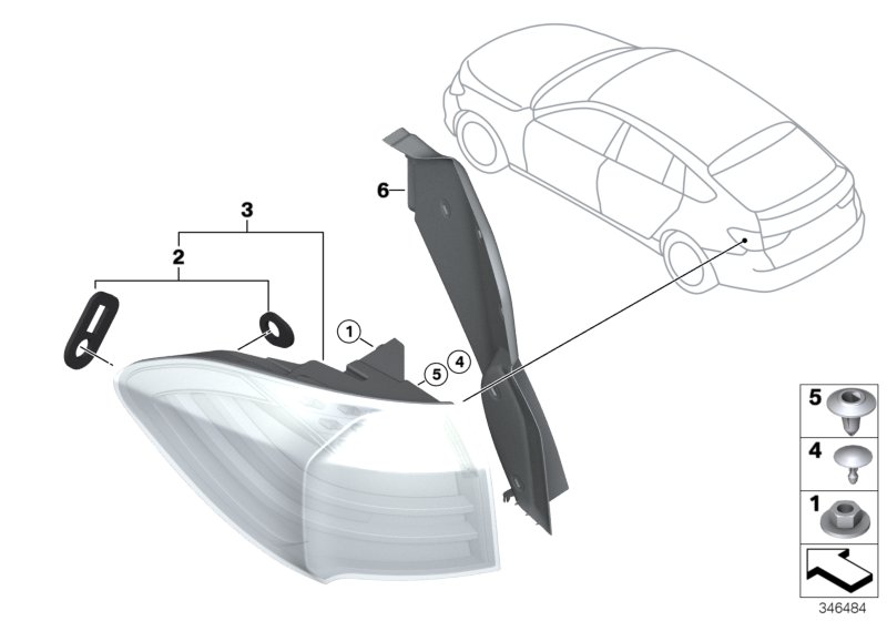 Блок задних фонарей на крыле для BMW F07N 528i N20 (схема запчастей)