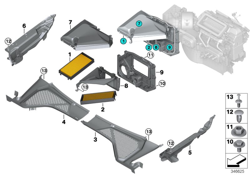 Микрофильтр/детали корпуса для BMW F16 X6 M50dX N57X (схема запчастей)