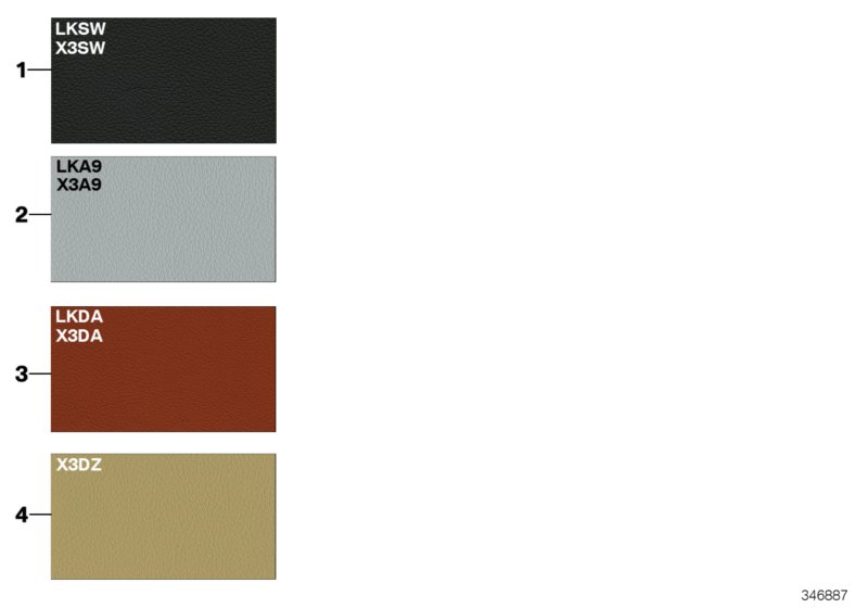 Страница с образцами, цвета обивки для BMW F12 M6 S63N (схема запчастей)
