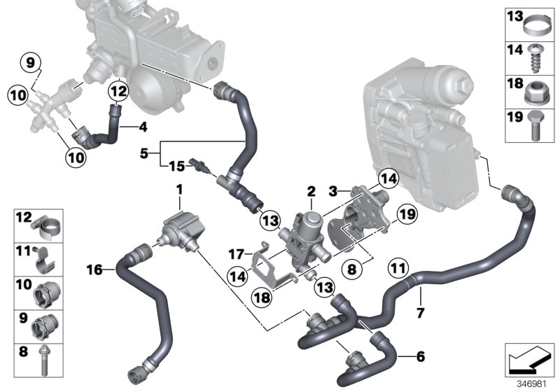 Сист.охлаждения-сист.рециркуляции ОГ для BMW F10 520d ed N47N (схема запчастей)
