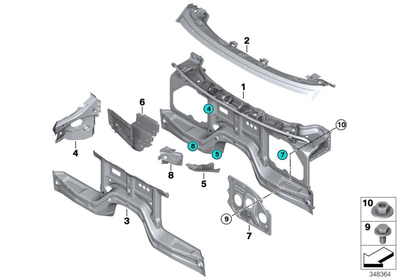 Детали щитка передка для BMW F15 X5 25dX B47 (схема запчастей)