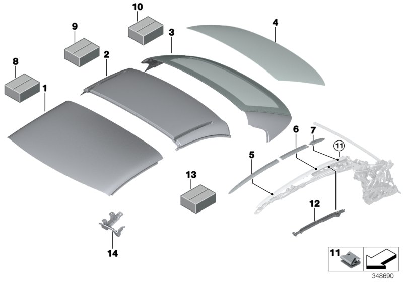 Панели крыши для BMW F33 440iX B58 (схема запчастей)
