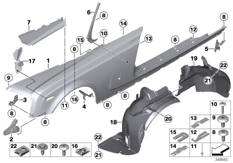 Переднее крыло/порог для ROLLS-ROYCE RR2N Drophead N73 (схема запчастей)
