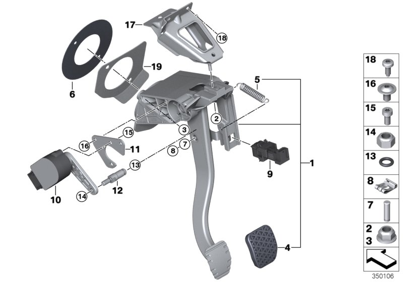 Педальный механизм в сборе для BMW I12 i8 B38 (схема запчастей)