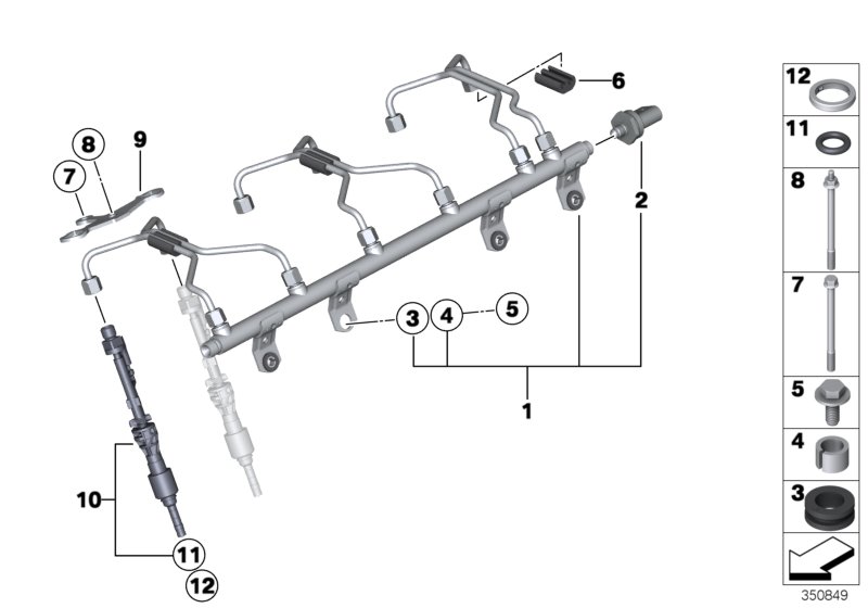 Магистраль Rail/форсунка/крепление для BMW F80 M3 S55 (схема запчастей)