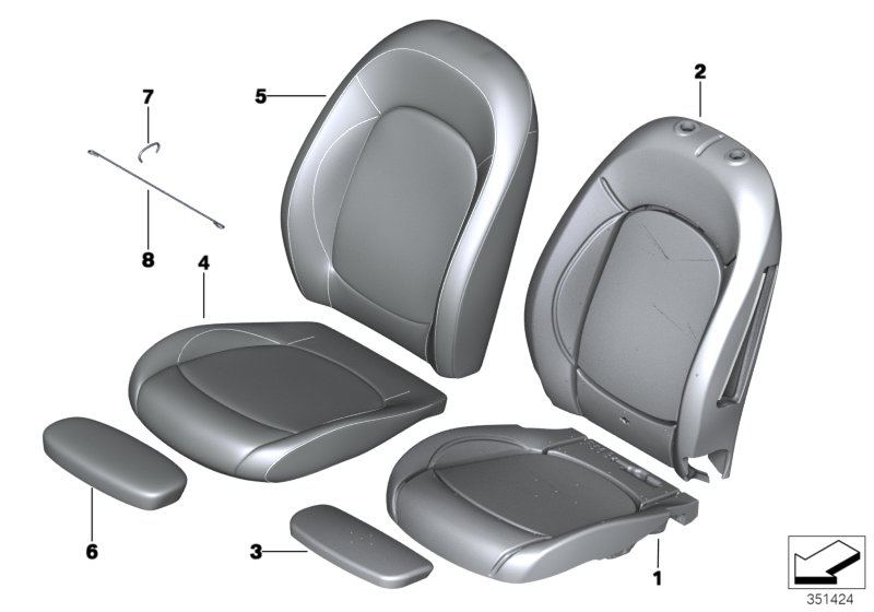 Набивка и обивка базового сиденья Пд для BMW F60 Cooper SE ALL4 B38X (схема запчастей)