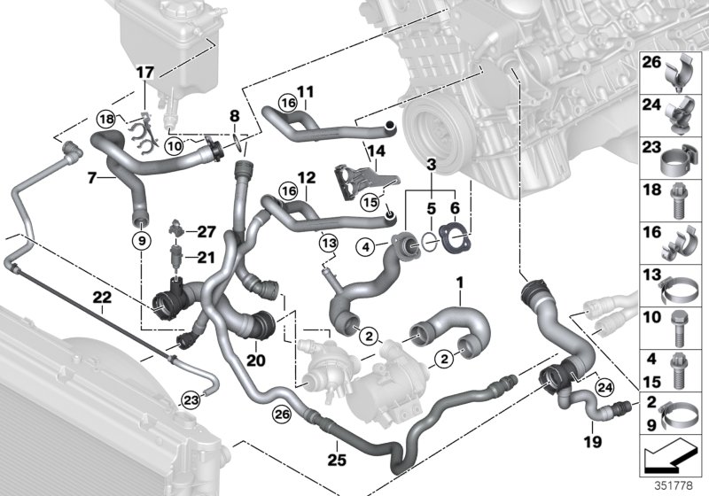 Шланги системы охлаждения для BMW E60N 525i N52N (схема запчастей)