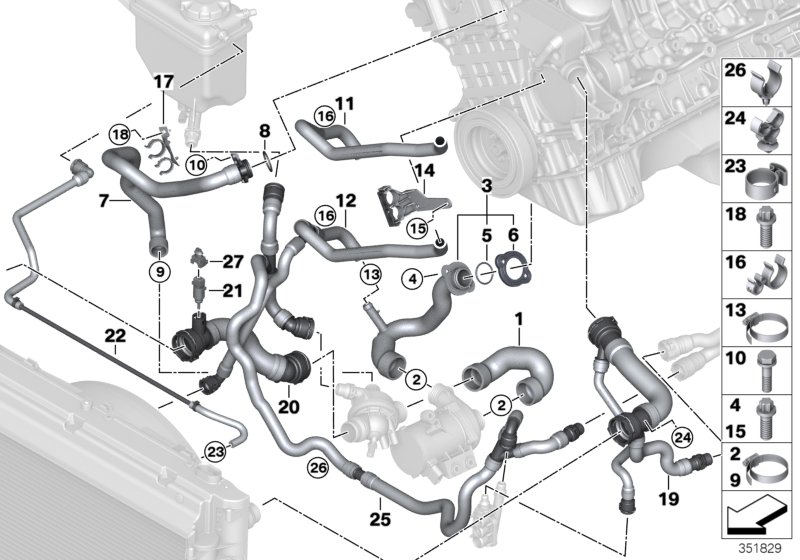Шланги системы охлаждения для BMW E61 525i N52 (схема запчастей)