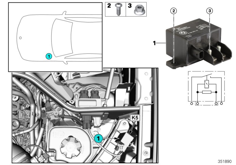 Реле электровентилятора двигателя K5 для BMW F15 X5 30dX N57N (схема запчастей)