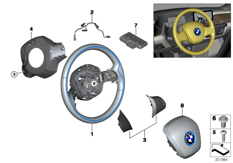 Рулевое колесо с НПБ, кожа для BMW I01 i3 60Ah IB1 (схема запчастей)