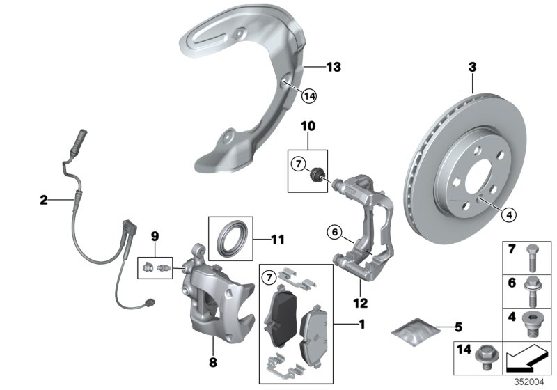 Тормозной механизм переднего колеса для BMW F45 214d B37 (схема запчастей)