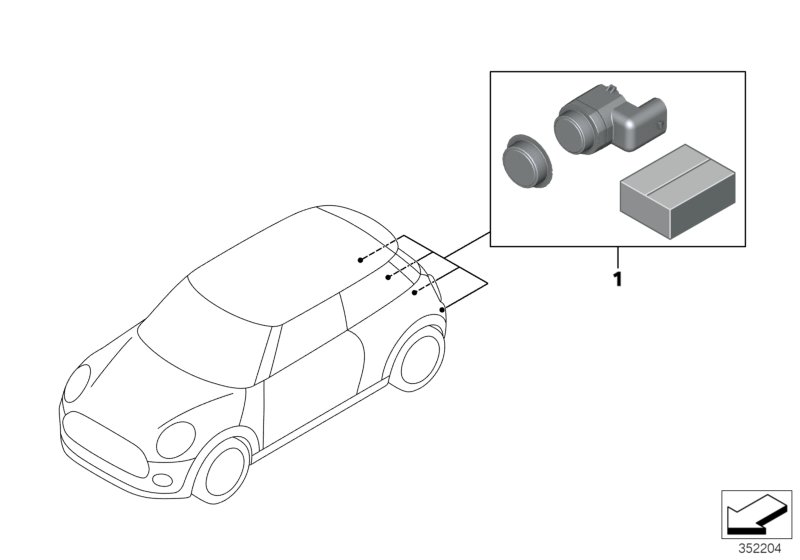 Комплект дооснащения PDC Зд для BMW F56 Cooper S B46C (схема запчастей)
