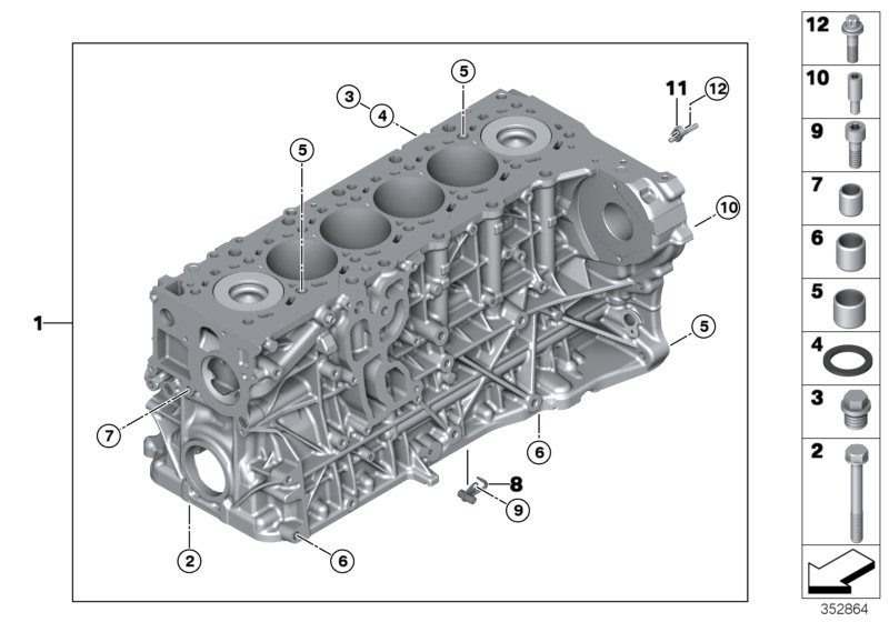 Блок-картер двигателя для BMW F16 X6 30dX N57N (схема запчастей)