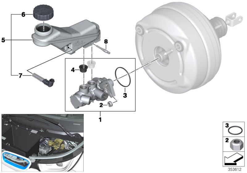 Главный тормозной цилиндр/бачок для BMW I01 i3 60Ah IB1 (схема запчастей)