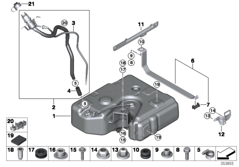 Бачок SCR / доп.элементы / провода для BMW F11N 520dX B47 (схема запчастей)