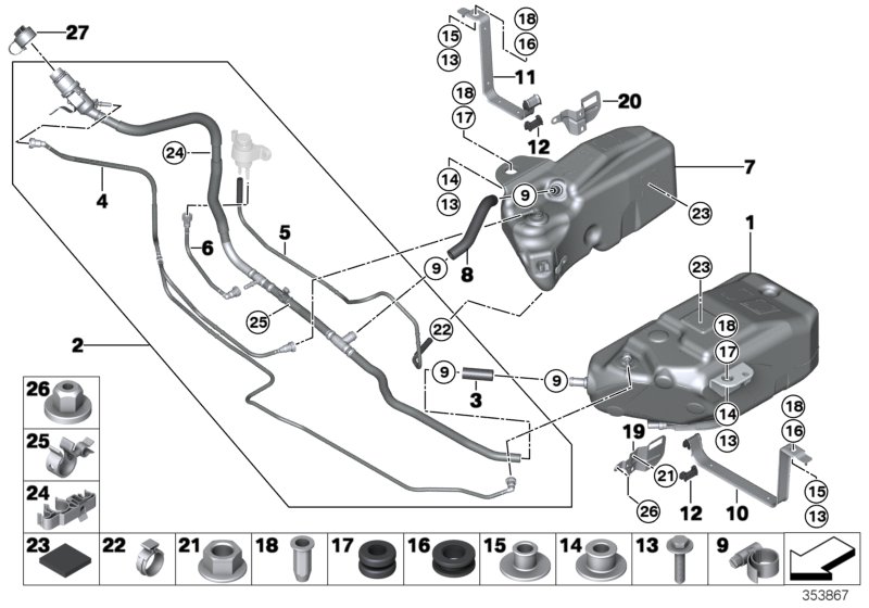 Бачок SCR / доп.элементы / провода для BMW F07N 535dX N57Z (схема запчастей)