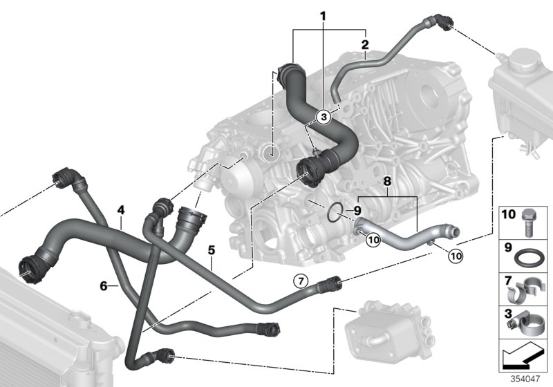 Шланги системы охлаждения для BMW E60N 520d N47 (схема запчастей)