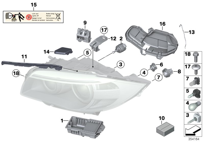 Детали ксеноновой фары для BMW E88 120i N46N (схема запчастей)