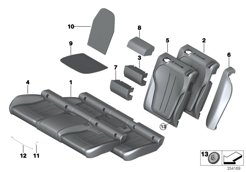Мягкая часть и обивка заднего сиденья для BMW F86 X6 M S63R (схема запчастей)