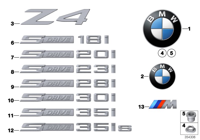 Эмблемы / надписи для BMW E89 Z4 28i N20 (схема запчастей)