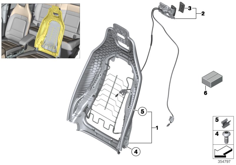 Каркас спинки переднего сиденья для BMW I01 i3 60Ah IB1 (схема запчастей)