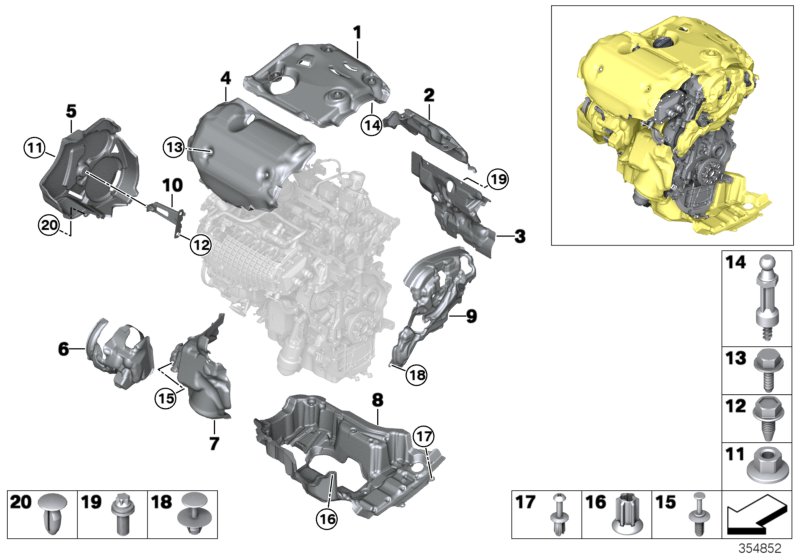 Звукоизоляционный кожух двигателя для BMW I15 i8 B38X (схема запчастей)