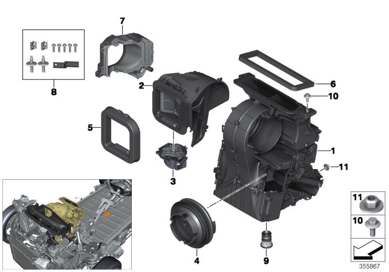 Детали корпуса кондиционера для BMW I01N i3s 94Ah IB1 (схема запчастей)