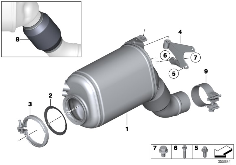Катализатор/сажевый фильтр для BMW E70N X5 30dX N57 (схема запчастей)