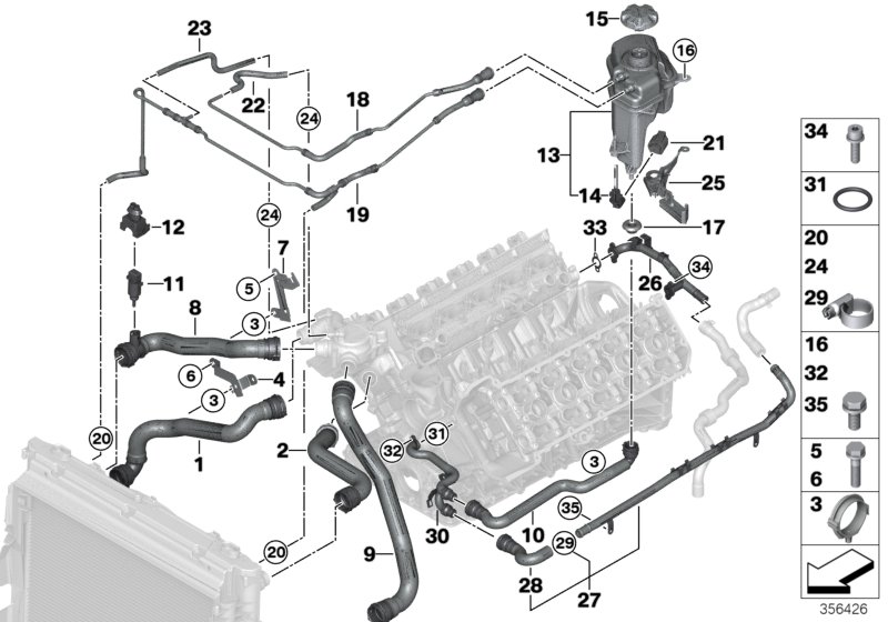 Шланги охлаждающей жидкости для BMW E61N M5 S85 (схема запчастей)