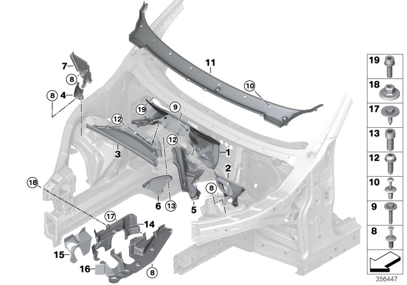 Дополнительные элементы моторного отсека для BMW F15 X5 50iX 4.4 N63N (схема запчастей)