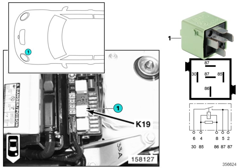Реле компрессора кондиционера K19 для BMW R53 Coop.S JCW GP W11 (схема запчастей)