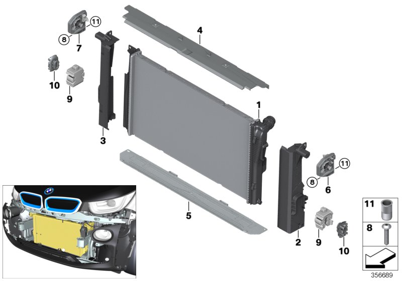 Крепеж радиатора охлаждающей жидкости для BMW I01 i3 94Ah IB1 (схема запчастей)