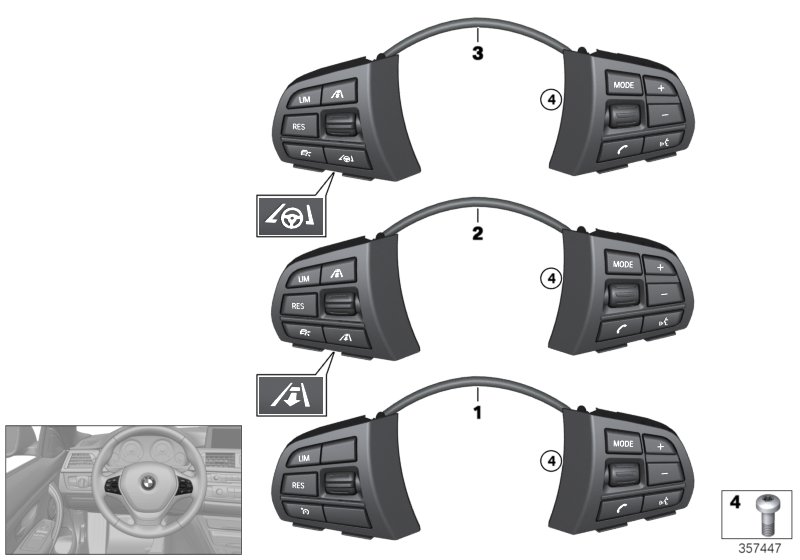 Выключатель на м/ф рулевом колесе Sport для BMW F15 X5 35iX N55 (схема запчастей)