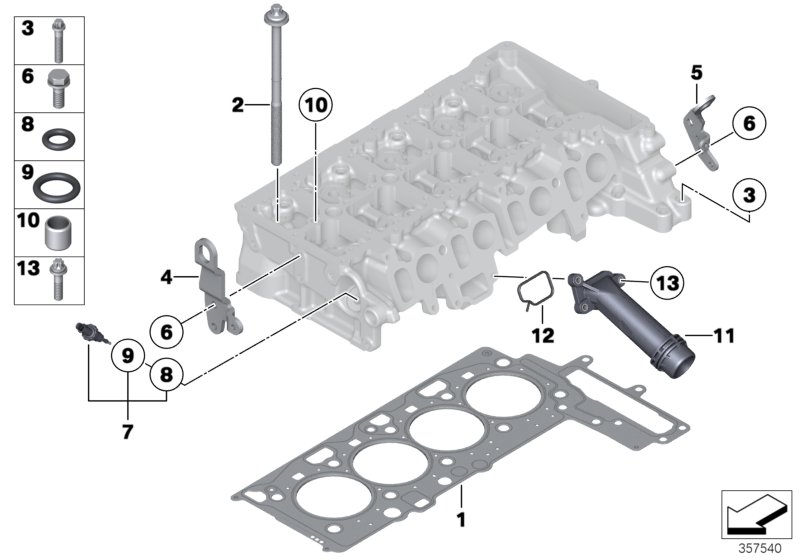 Головка блока цилиндров-доп.элементы для BMW F15 X5 25dX N47S1 (схема запчастей)