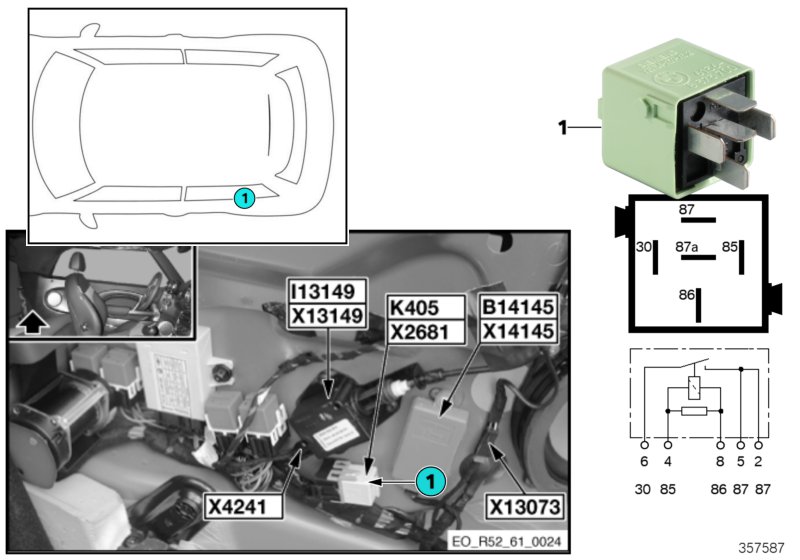 Реле фиксатора сложенного верха K405 для MINI R52 One W10 (схема запчастей)