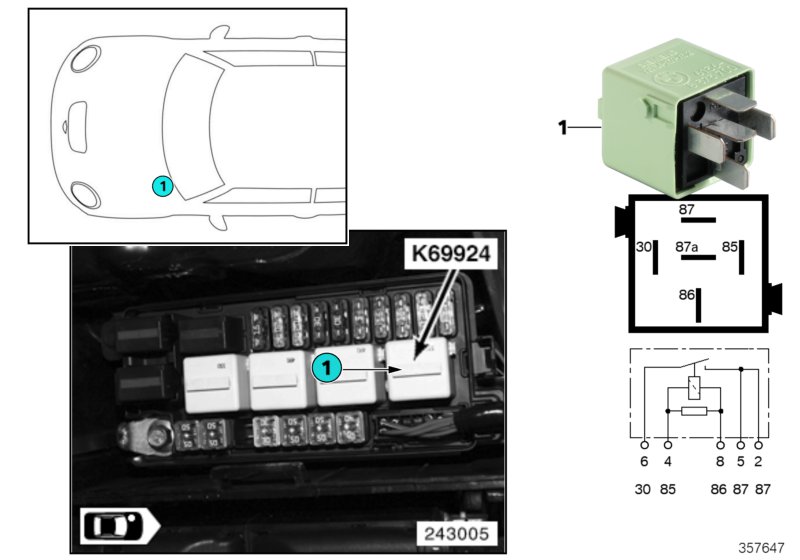 Реле дополнительных агрегатов K69924 для MINI R50 One D W17 (схема запчастей)