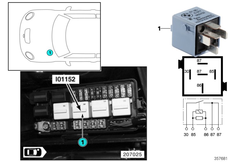 Реле электровентилятора I01152 для MINI R52 One W10 (схема запчастей)