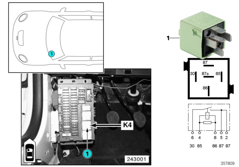 Реле вентилятора отопителя K4 для MINI R52 One W10 (схема запчастей)
