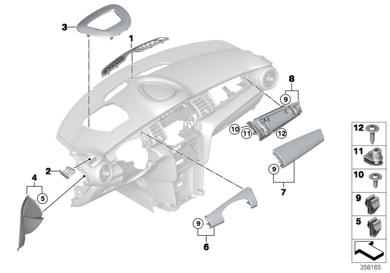 Доп.элементы панели приборов Вх для BMW F55 Cooper B38 (схема запчастей)