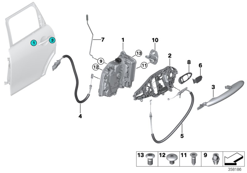 Система замков задней двери для BMW F54N Cooper B38C (схема запчастей)