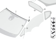 Остекление, дополнительные элементы для BMW I12N i8 B38X (схема запасных частей)